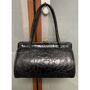 Manon Vintage 50s 60s Black Croc Alligator Embossed Leather Top Handle Purse Bag
